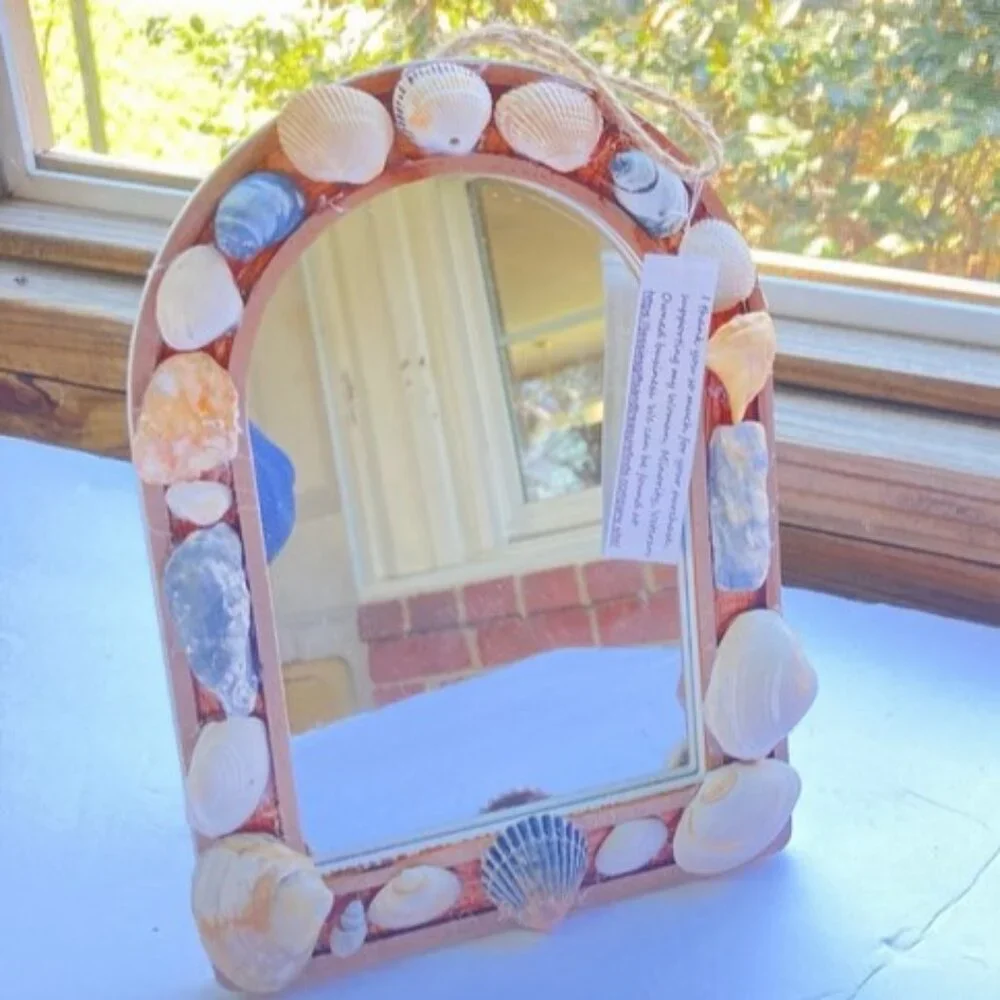 Seashell Arched Mirror Wall Decor with REAL Seashells 9 x 7 x 1 inches